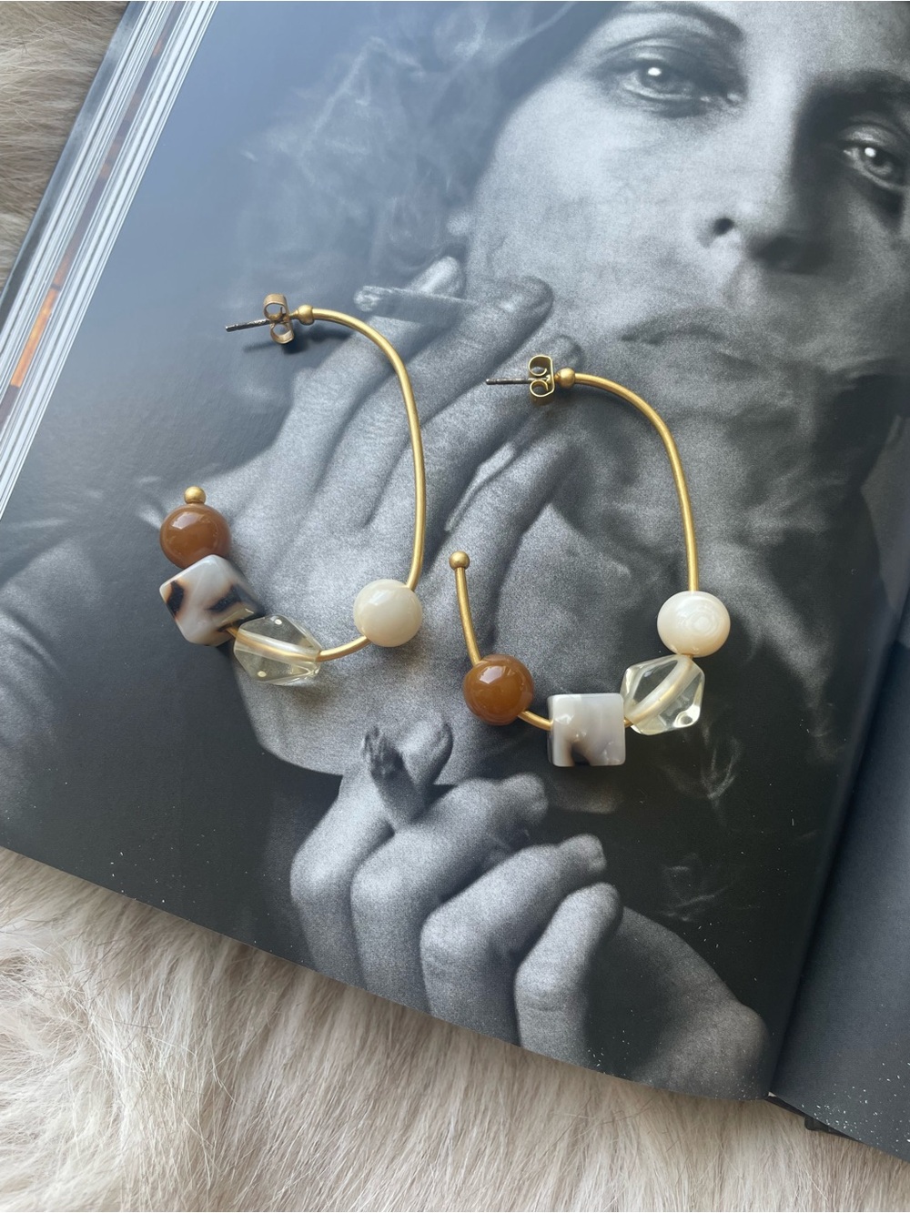 Madewell Gold Hoop Earrings with Brown, Cream & Clear Beads